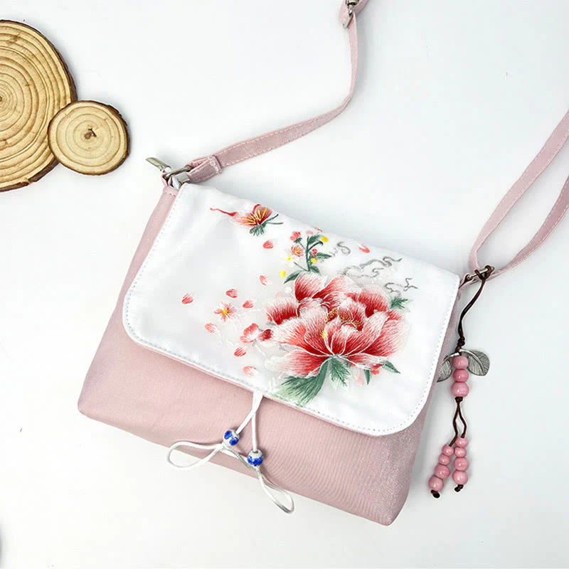 Buddha Stones Embroidered Camellia Epiphyllum Gardenia Sakura Flowers Crossbody Bag Shoulder Bag Cellphone Bag
