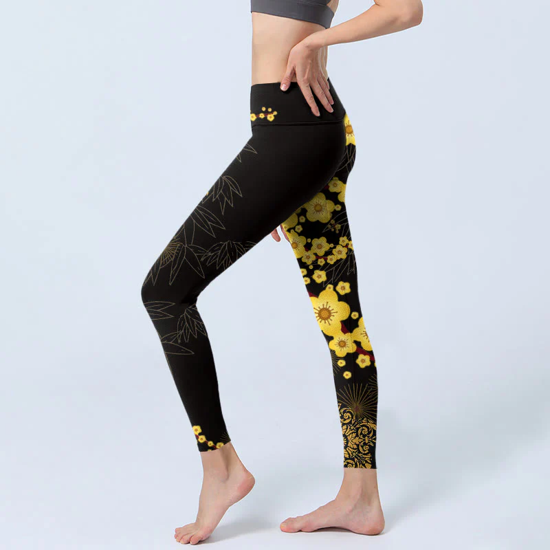 Buddha Stones Yellow Cherry Blossoms Bamboo Leaves Firework Pattern Print Gym Leggings Women's Yoga Pants