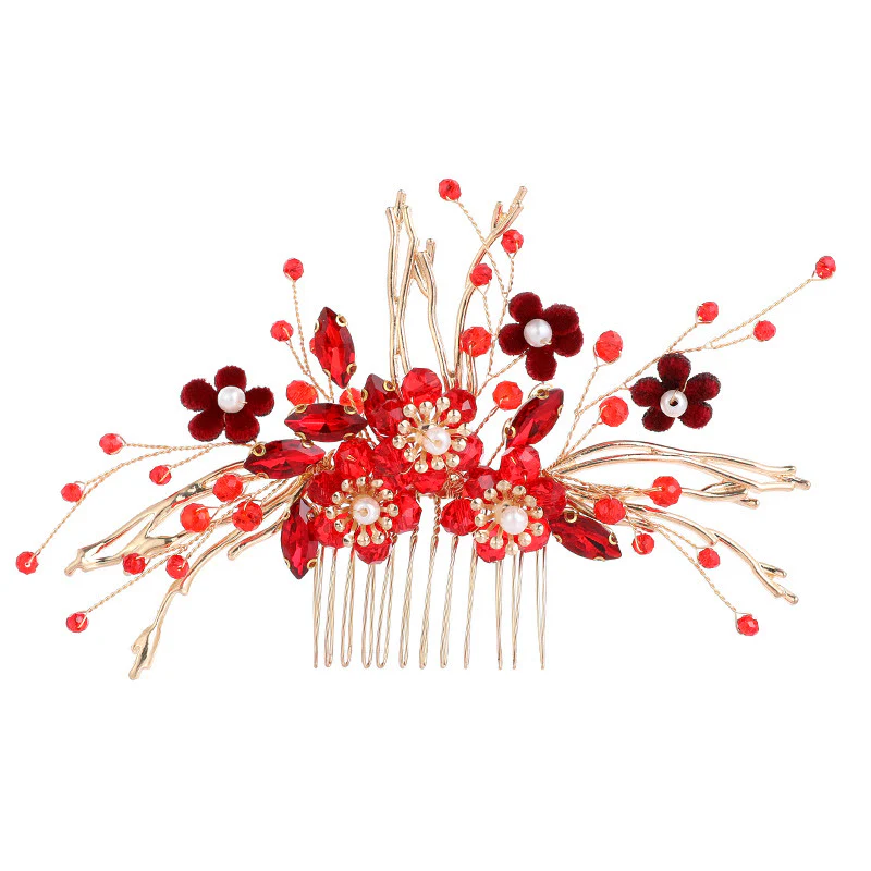 Buddha Stones Chinese Wedding Golden Red Flower Branche Hair Comb