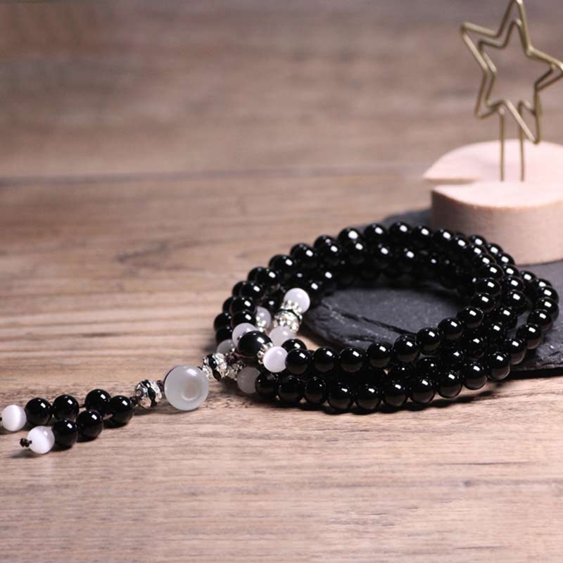 Buddha Stones Black Onyx White Crystal Bead Meditation Bracelet