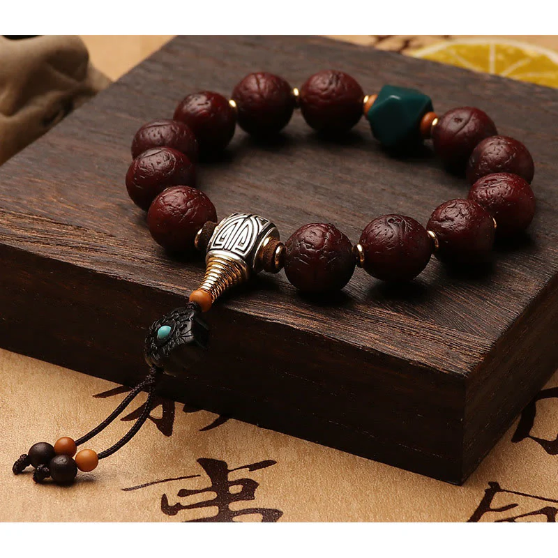 Buddha Stones Tibetan Bodhi Seed Agate Bead Luck Wealth Tassel Charm Wrist Mala