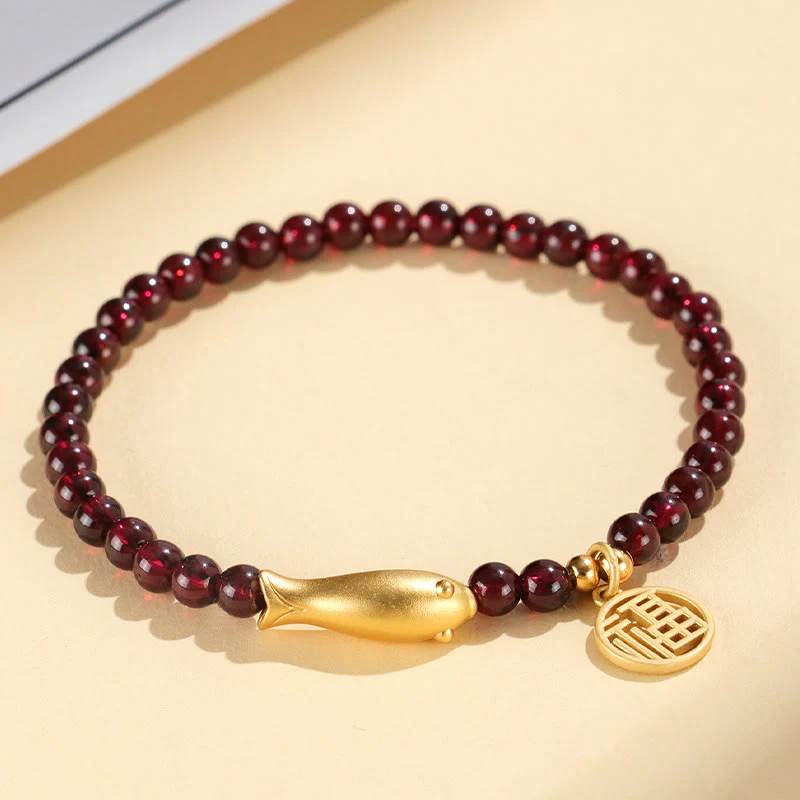 Buddha Stones Garnet 925 Sterling Silver Fish Fu Character Purification Bracelet