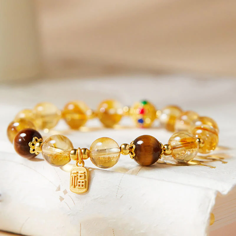 Buddha Stones 925 Sterling Silver Fu Character Citrine Tiger Eye Protection Bracelet