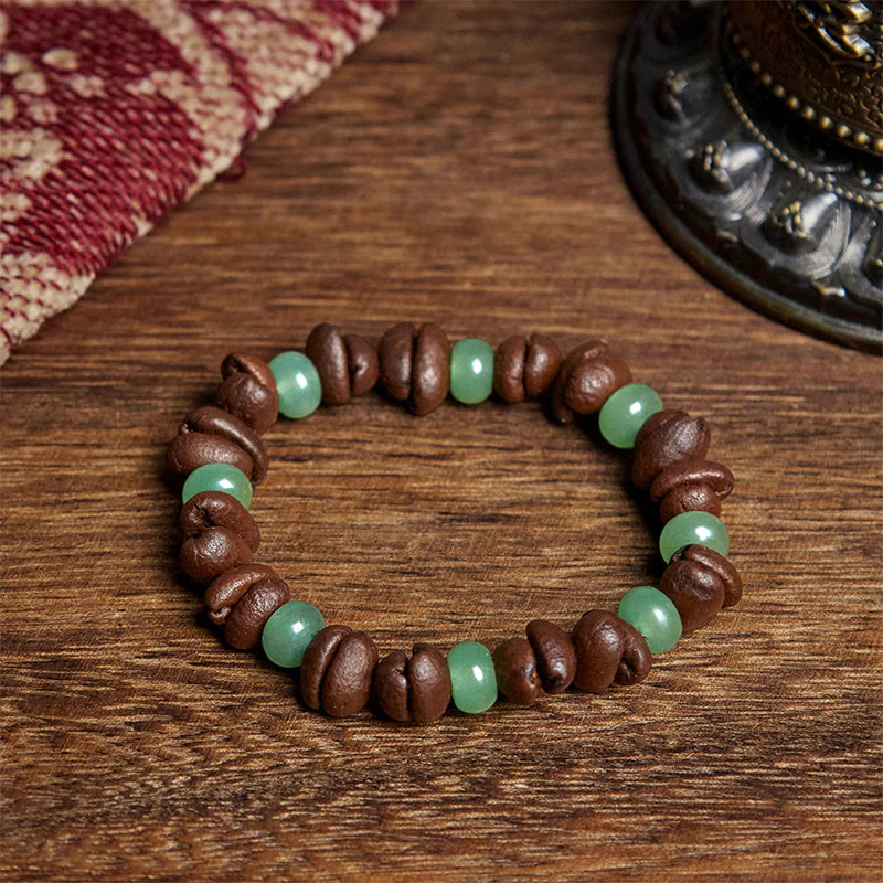 Buddha Stones Natural Coffee Beans Green Aventurine Huanglong Jade Beads Bracelet