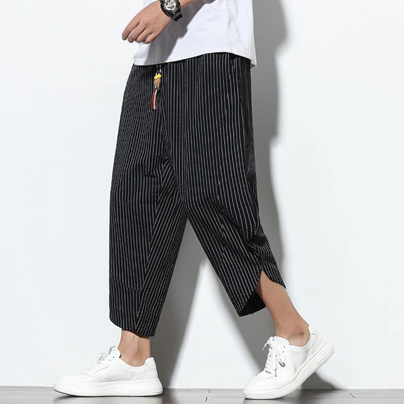 Buddha Stones Summer Stripes Pattern Drawstring Cotton Linen Men's 7-8 Length Harem Pants With Pockets