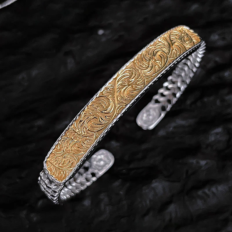 Buddha Stones Tang Dynasty Flower Design Engraved Copper Luck Cuff Bracelet Bangle Adjustable Ring