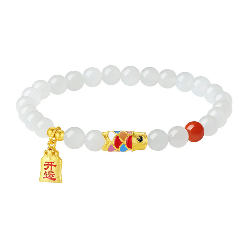 Buddha Stones 925 Sterling Silver Hetian White Jade Red Agate Koi Fish Luck Happiness Bracelet