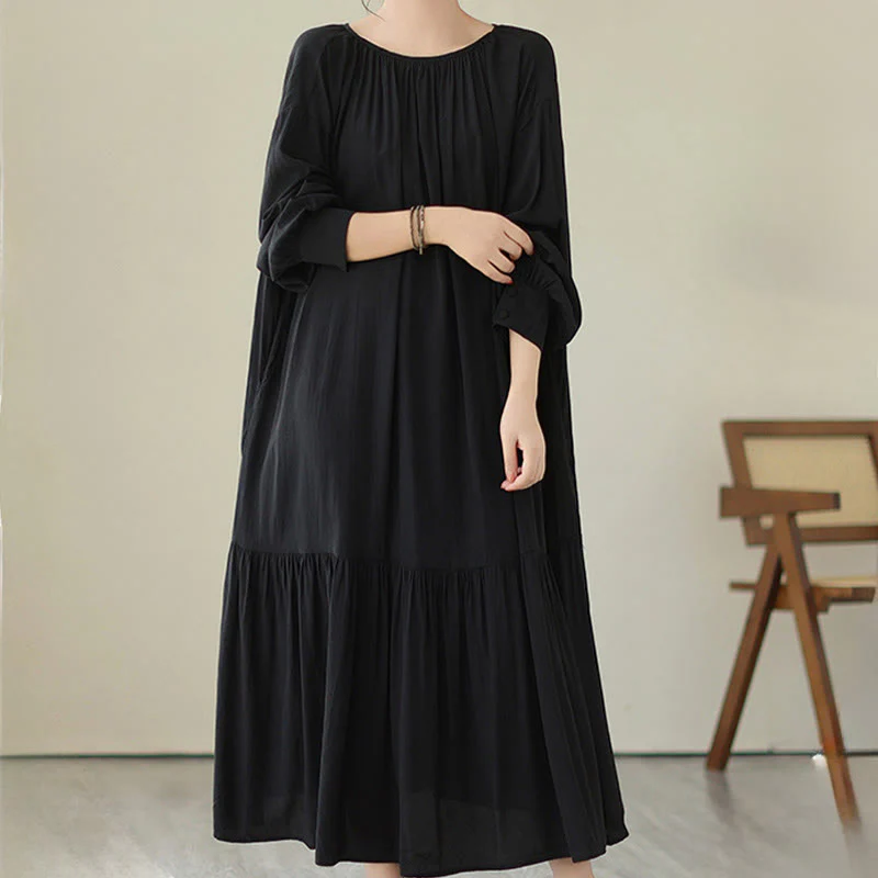 Buddha Stones Casual Plain Two-sided Style Dress Chiffon Midi Dress With Pockets
