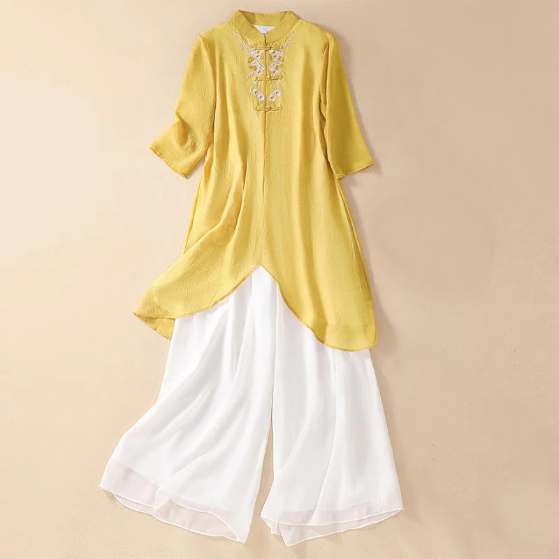 Buddha Stones Women's Flower Embroidery Frog-Button Shirt Dress Wide Leg Pants