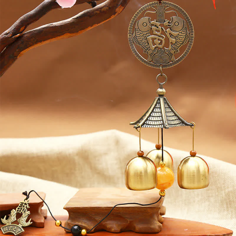 Buddha Stones Feng Shui Copper Coin Koi Fish Bagua Kirin Wind Chime Bell Luck Wall Hanging Decoration