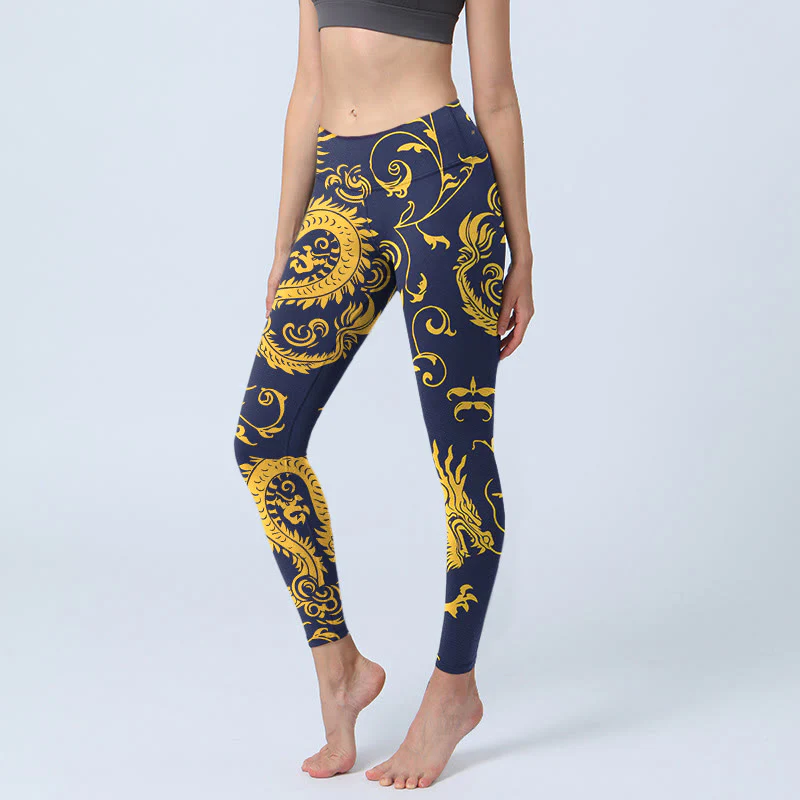 Buddha Stones Golden Dragons Vine Print Gym Leggings Women's Yoga Pants