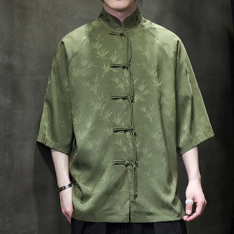 Buddha Stones Jacquard Bamboo Pattern Chinese Frog-Button Stand Collar Tang Suit Men's Cotton Shirt