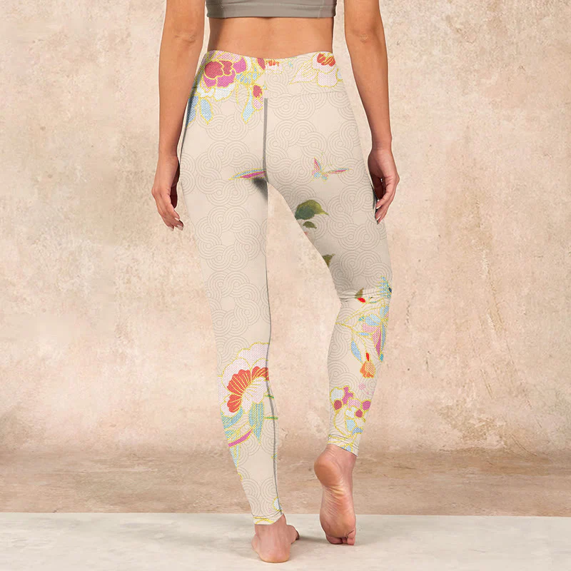 Buddha Stones Apricot Butterfly Peony Flowers Leaves Print Gym Leggings Women's Yoga Pants