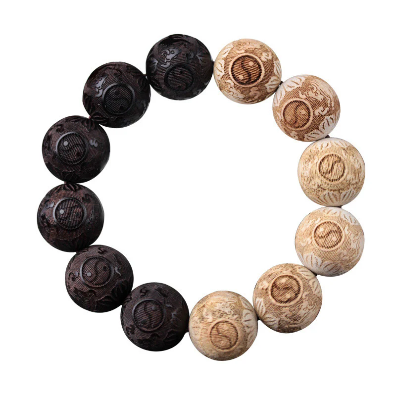 Buddha Stones Ebony Wood Camphor Wood Yin Yang Ox Engraved Peace Bracelet