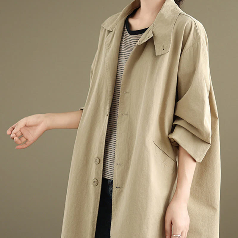 Buddha Stones Spring Plain Buttons Design Long Sleeve Women's Cotton Linen Jacket With Pockets