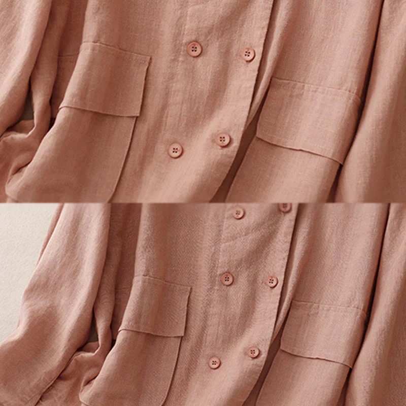 Buddha Stones Double‑Breasted Design Long Sleeve Women's Cotton Linen Jacket With Pockets