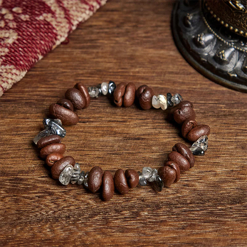 Buddha Stones Natural Coffee Beans Black Obsidian Rutilated Quartz Strength Bracelet