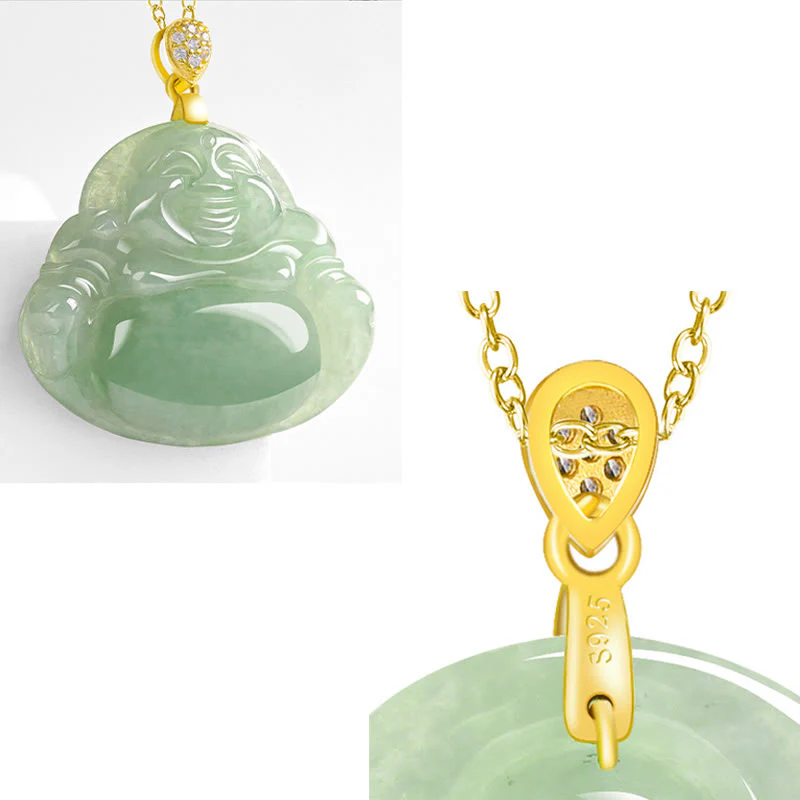 Buddha Stones 925 Sterling Silver Natural Jade Laughing Buddha Luck Prosperity Chain Necklace Pendant