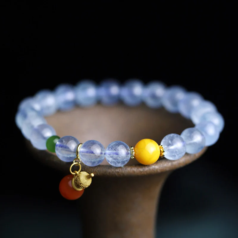 Buddha Stones Aquamarine Red Agate Peace Gourd Charm Bracelet