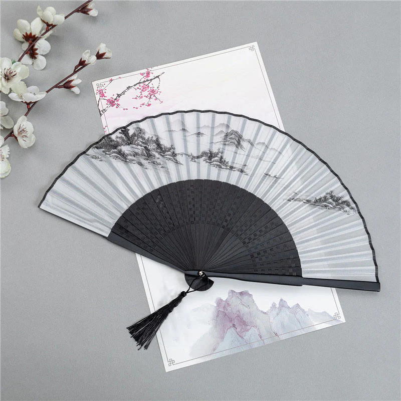 Buddha Stones Mountains Plum Blossom Lotus Magpie Bamboo Leaves Handheld Silk Bamboo Folding Fan 22.5cm