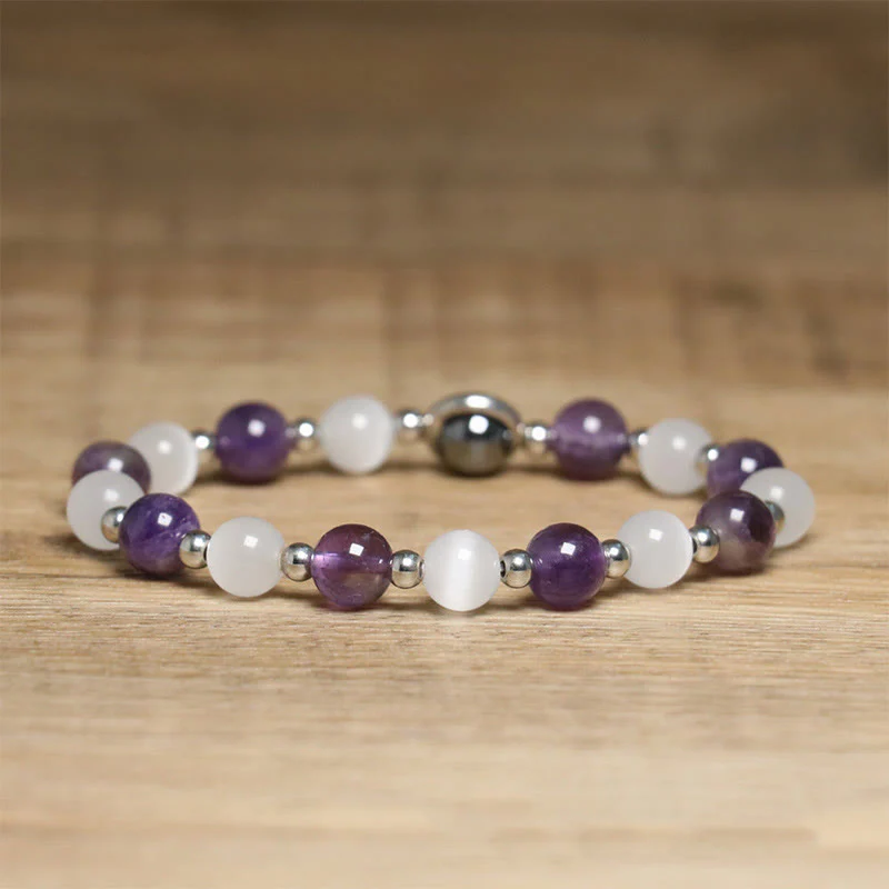 Buddha Stones Natural Amethyst White Cat's Eye Beads Balance Bracelet