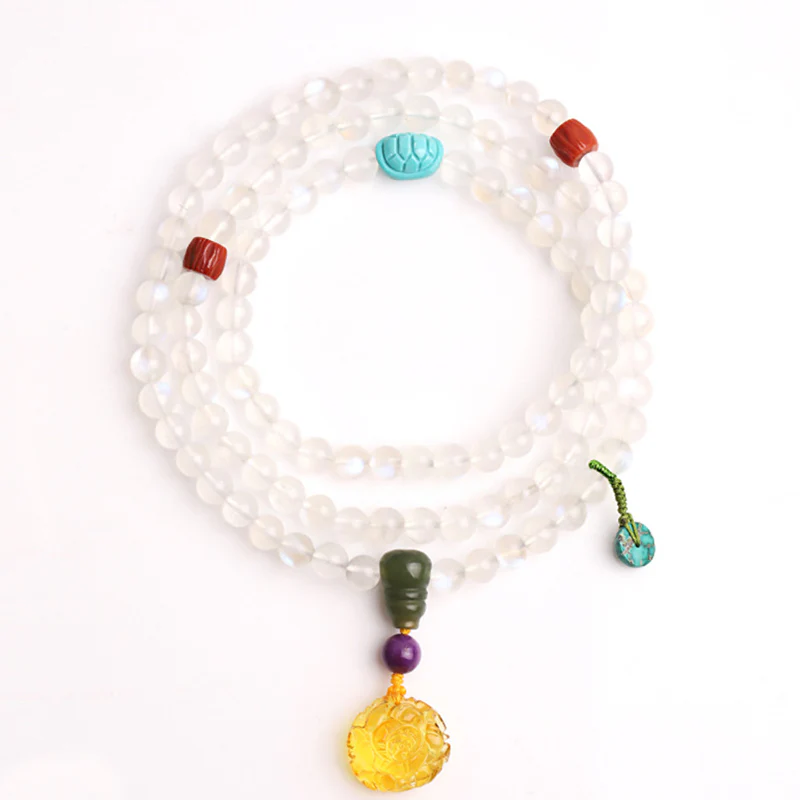 Buddha Stones 108 Mala Beads Moonstone Amber Lotus Turquoise Crystal Healing Bracelet