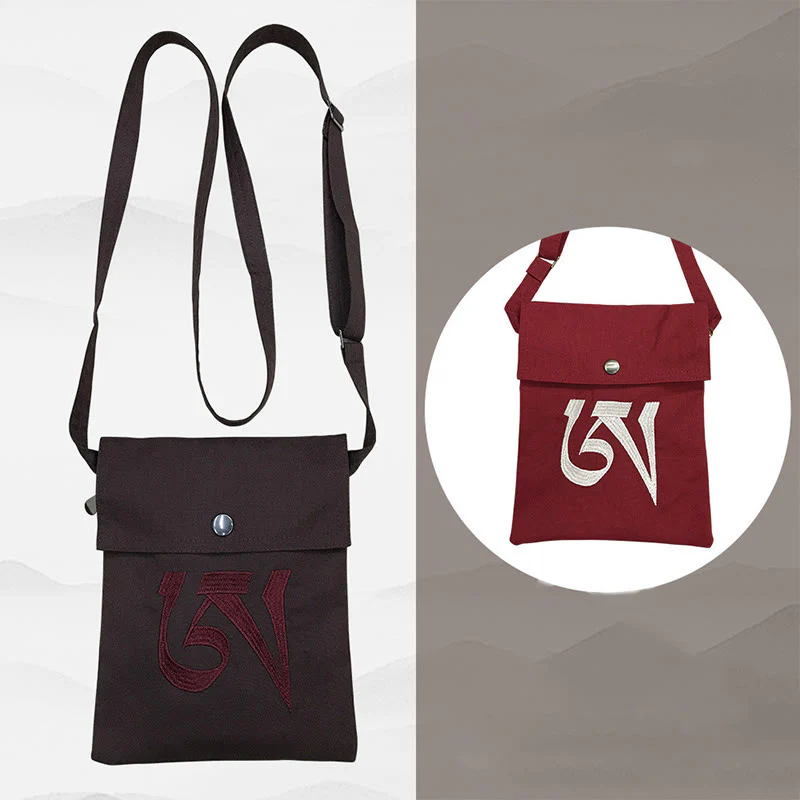 Buddha Stones Handmade OM Mantra Embroidered Spiritual Mind Practice Cotton Crossbody Bag Shoulder Bag Cellphone Bag