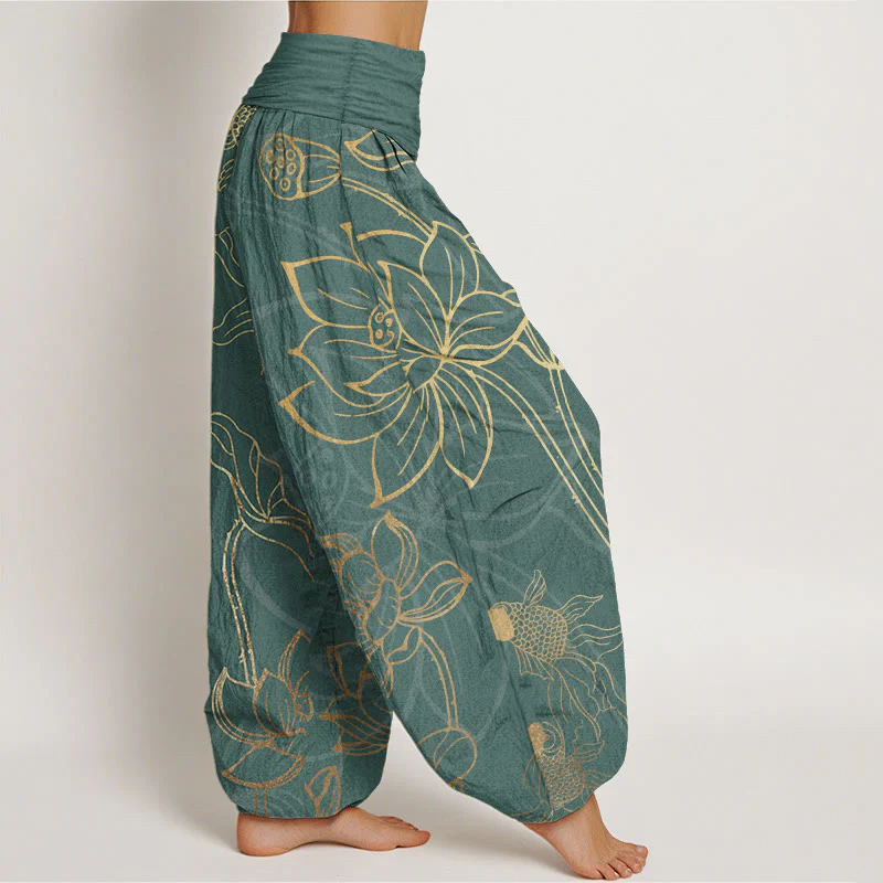 Buddha Stones Pure Cotton Lotus Leaf Koi Fish Women's Elastic Waist Harem Pants