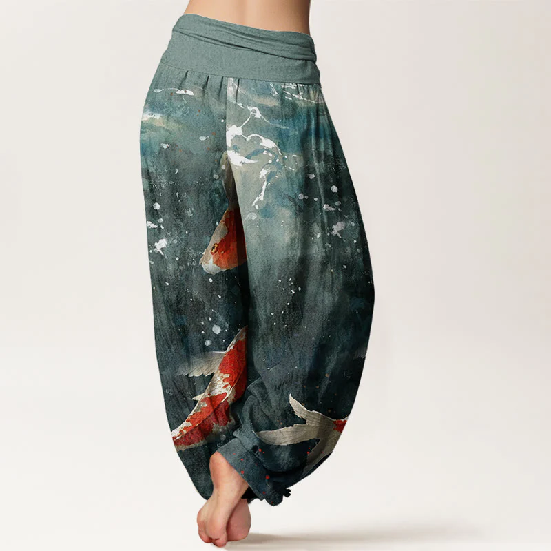 Buddha Stones Colorful Koi Fish Ocean Design Women's Elastic Waist Harem Pants
