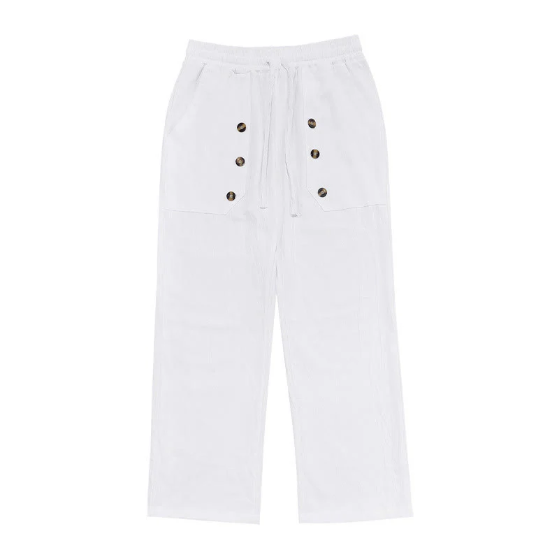 Buddha Stones Casual Plain Color Buttons Men's Cotton Pants With Pockets