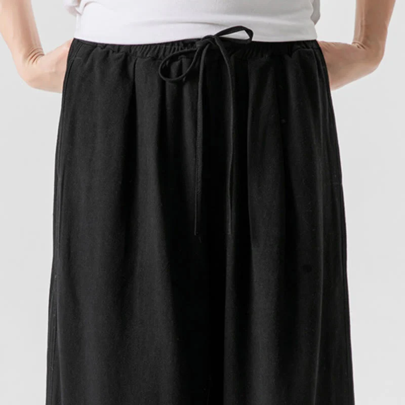 Buddha Stones Casual Loose Frog-Button Plain Men's Cotton Linen 7-8 Length Pants With Pockets