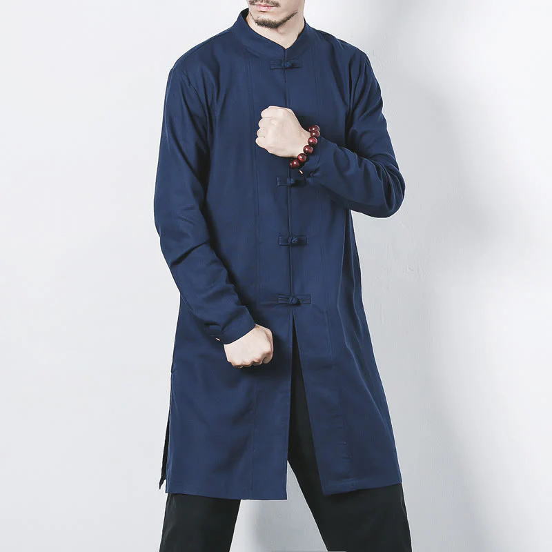 Buddha Stones Fall Simple Frog-Button Linen Men's Mid-length Coat Zen Clothing
