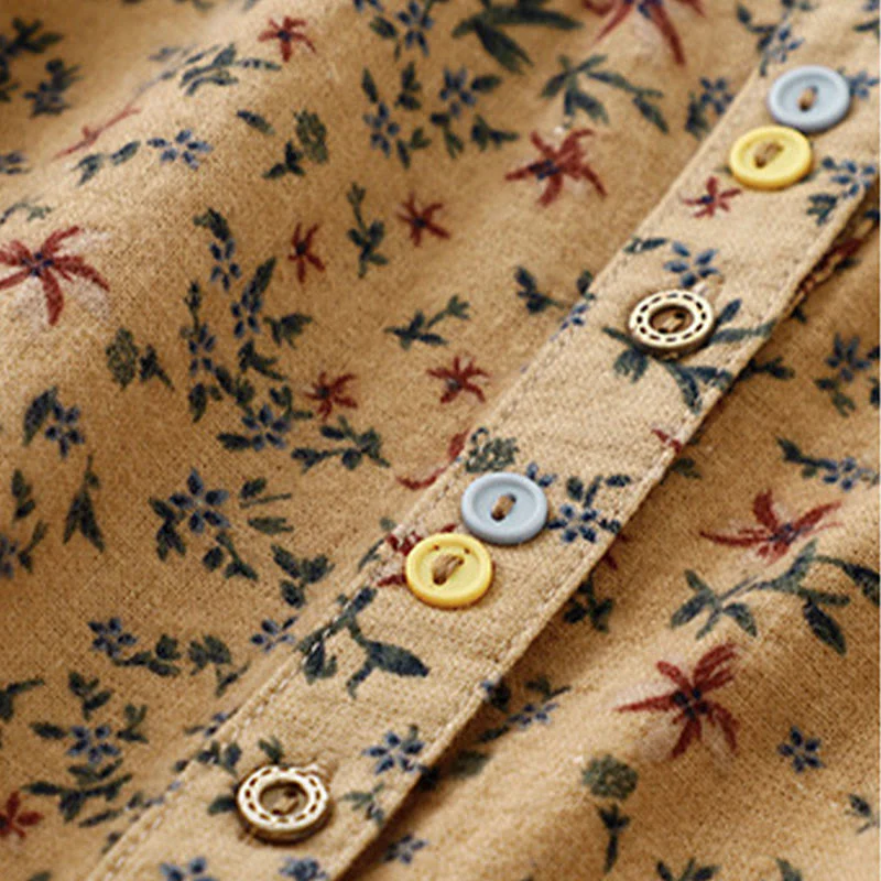 Buddha Stones Casual Florals Crew Neck Cotton Linen Women's Shirt