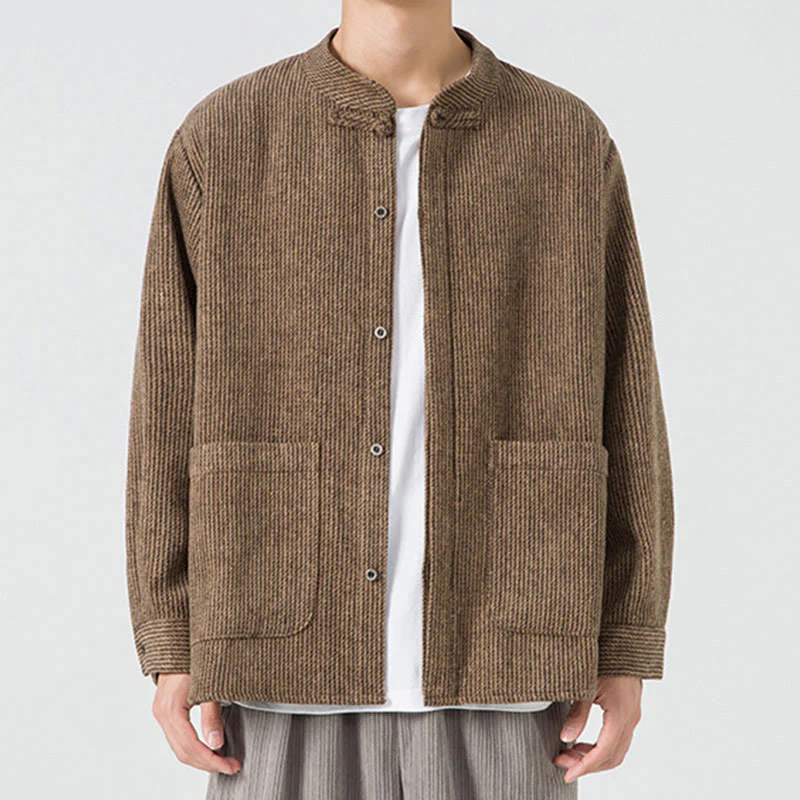 Buddha Stones Long Sleeve Frog-button Design Men's Cotton Jacket Shirt With Pockets