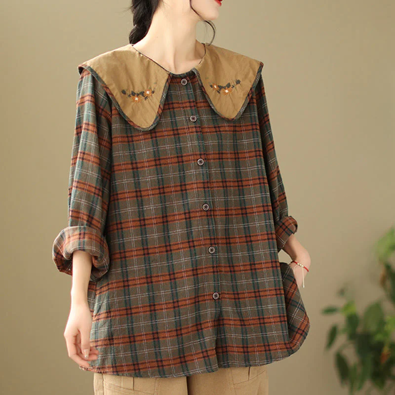 Buddha Stones Embroidered Plaid Pattern Cotton Women's Shirt