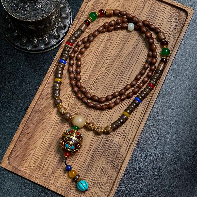 Buddha Stones Tibetan Handmade Coconut Shell Schima Wood Great Bright Mantra Copper Bead Balance Necklace Pendant