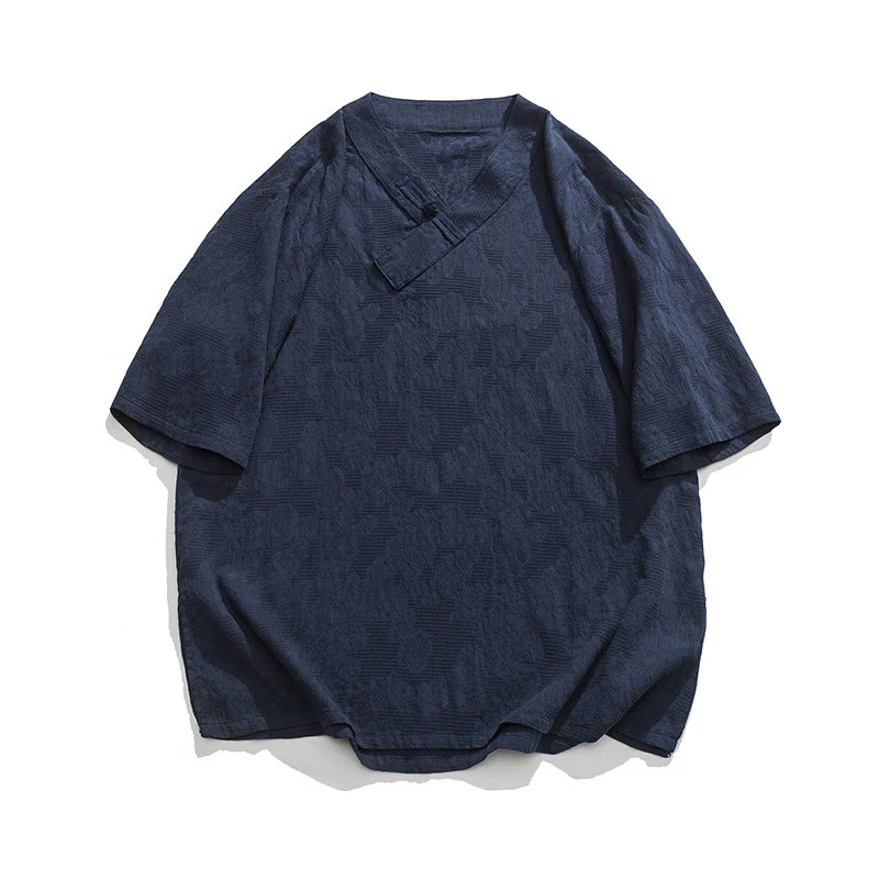 Buddha Stones Ethnic Distressed Jacquard Frog-Button Men's Stand Collar Half Sleeve Cotton Linen Shirt Tai Chi Clothes