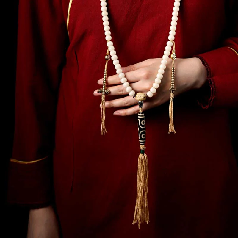 Buddha Stones Tibet 108 Mala Beads Bodhi Seed Bagua Vajra Dzi Bead Gray Agate Wealth Bracelet