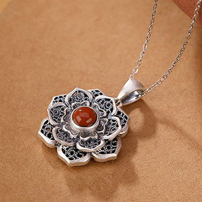 Buddha Stones Tibetan Om Mani Padme Hum Lotus Pattern Red Agate Copper Peace Necklace Pendant