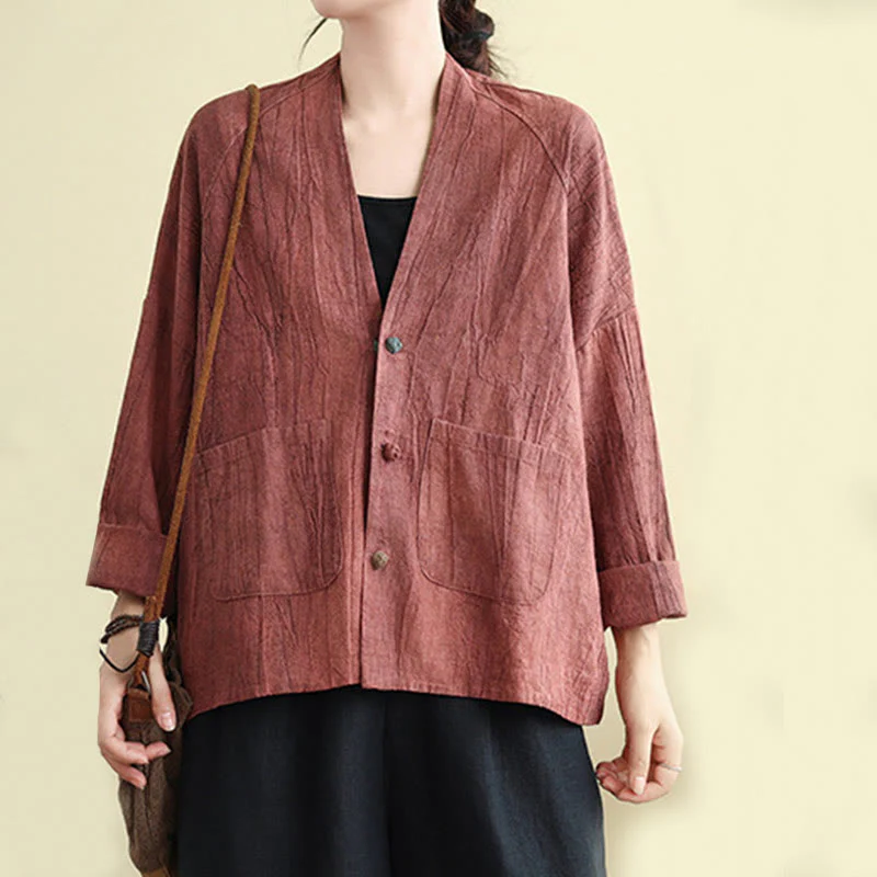 Buddha Stones Plain Long Sleeve Women's Cotton Linen Jacket With Pockets