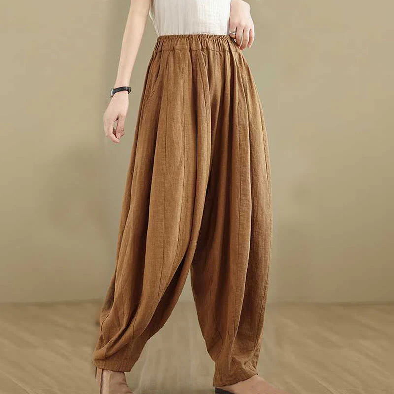 Buddha Stones Spring Casual Simple Design Women's Cotton Linen Harem Pants With Pockets