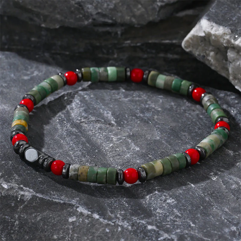 Buddha Stones Natural Green Stone Hematite Red Coral Powerful Bracelet