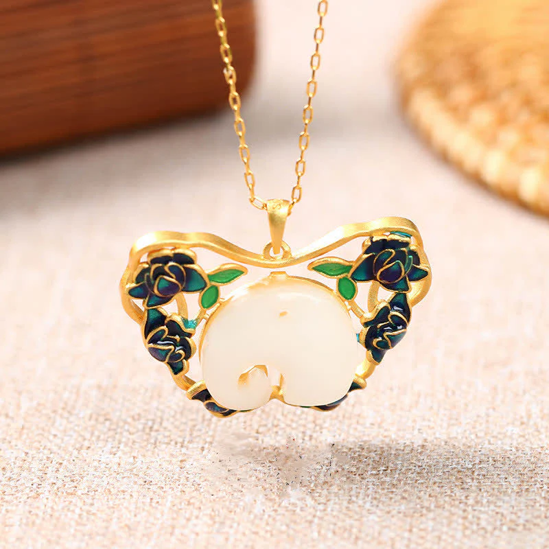 Buddha Stones White Jade Elephant Butterfly Lotus Success Necklace Chain Pendant