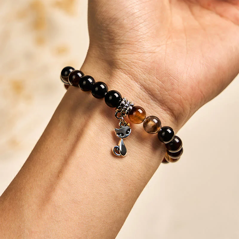 Buddha Stones Chocolate Siamese Cat Dark Brown Striped Agate Bead Protection Bracelet