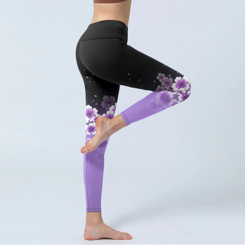 Buddha Stones White Purple Cherry Blossom Pattern Print Gym Leggings Women's Yoga Pants