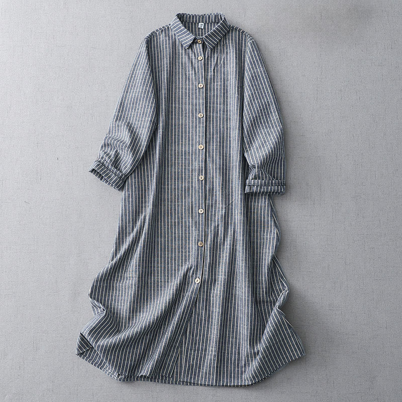 Buddha Stones LightSteelBlue White Striped Button Design Lapel Cotton Linen Midi Dress With Pockets