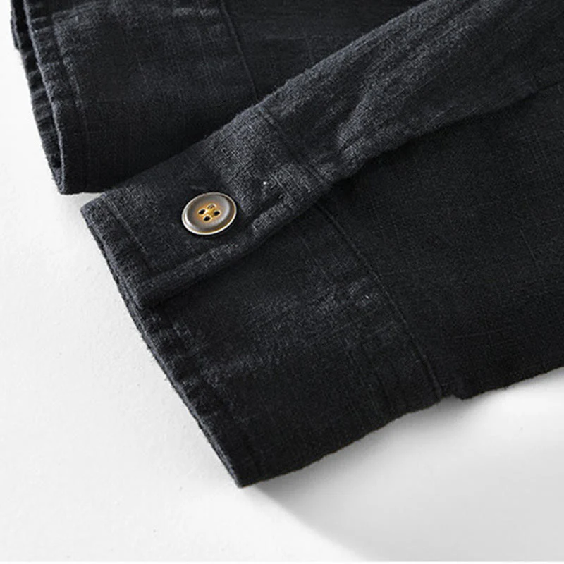 Buddha Stones Casual Plain Simple Buttons Design Men's Long Sleeve Ramie Linen Jacket With Pockets