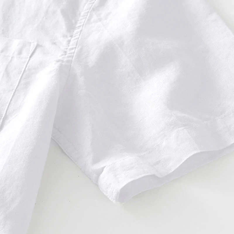 Buddha Stones Summer Buttons Short Sleeve Ramie Linen Cotton Men's Shirt