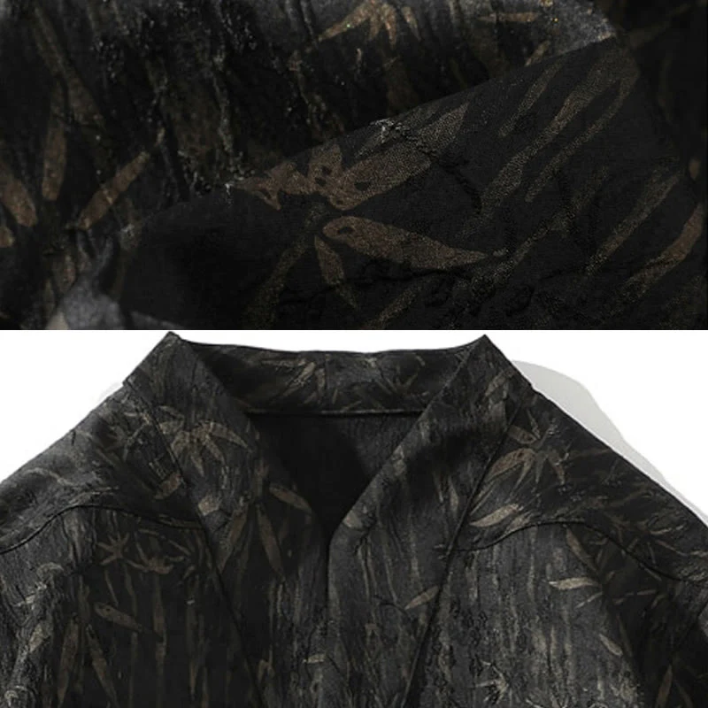 Buddha Stones Summer Golden Bamboo Jacquard Men's Half Sleeve Linen Shirt