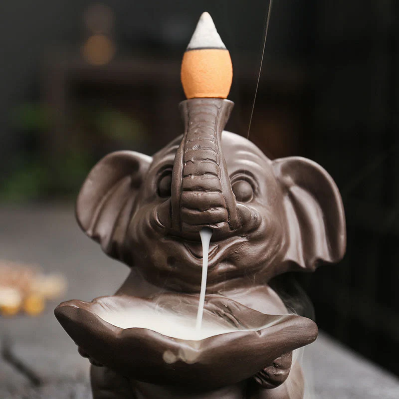 Buddha Stones Little Elephant Holding Leaf Purple Clay Backflow Smoke Fountain Healing Incense Burner Decoration